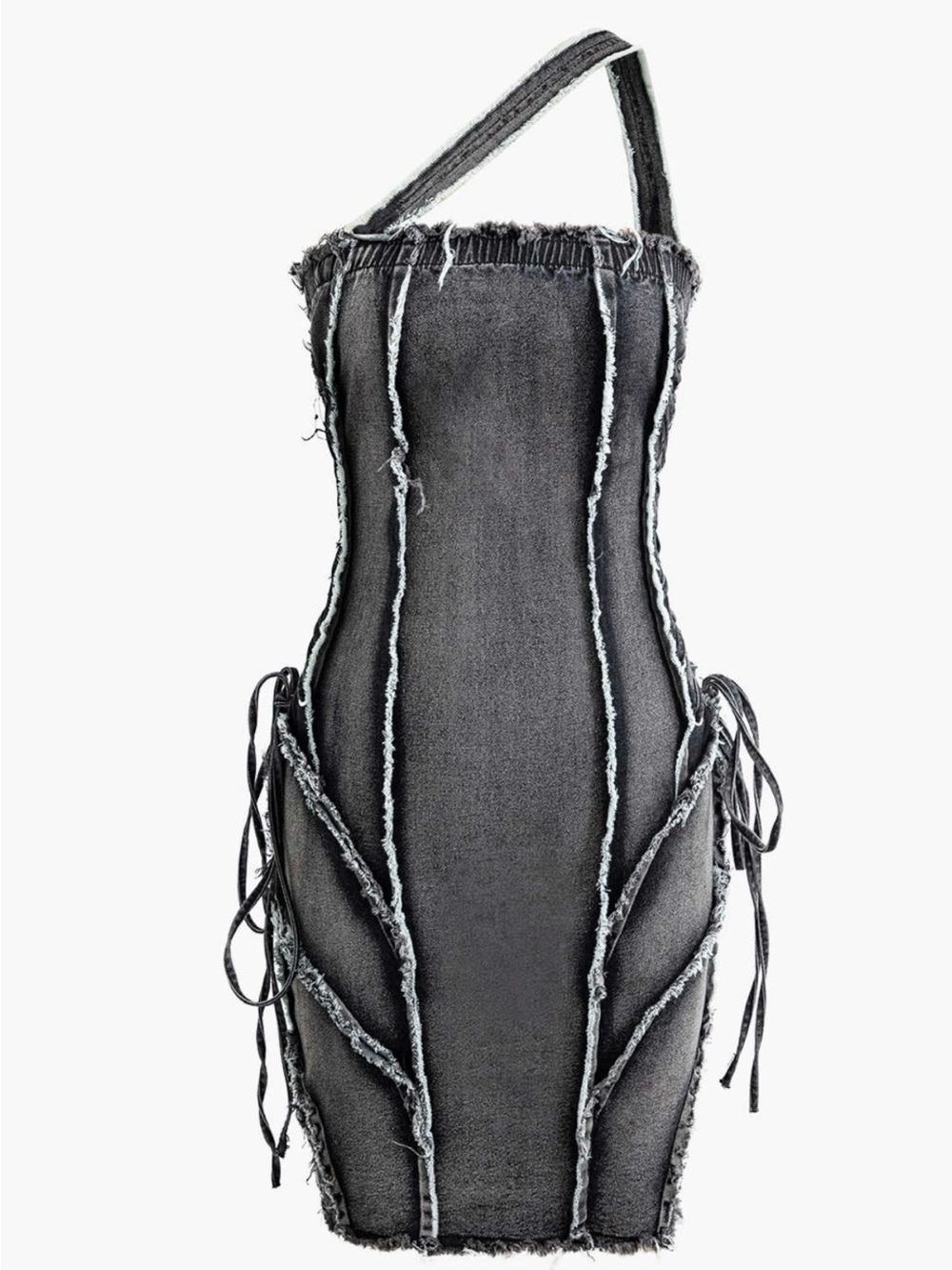 Asymmetric Frayed Denim Mini Dress | Dark Grey